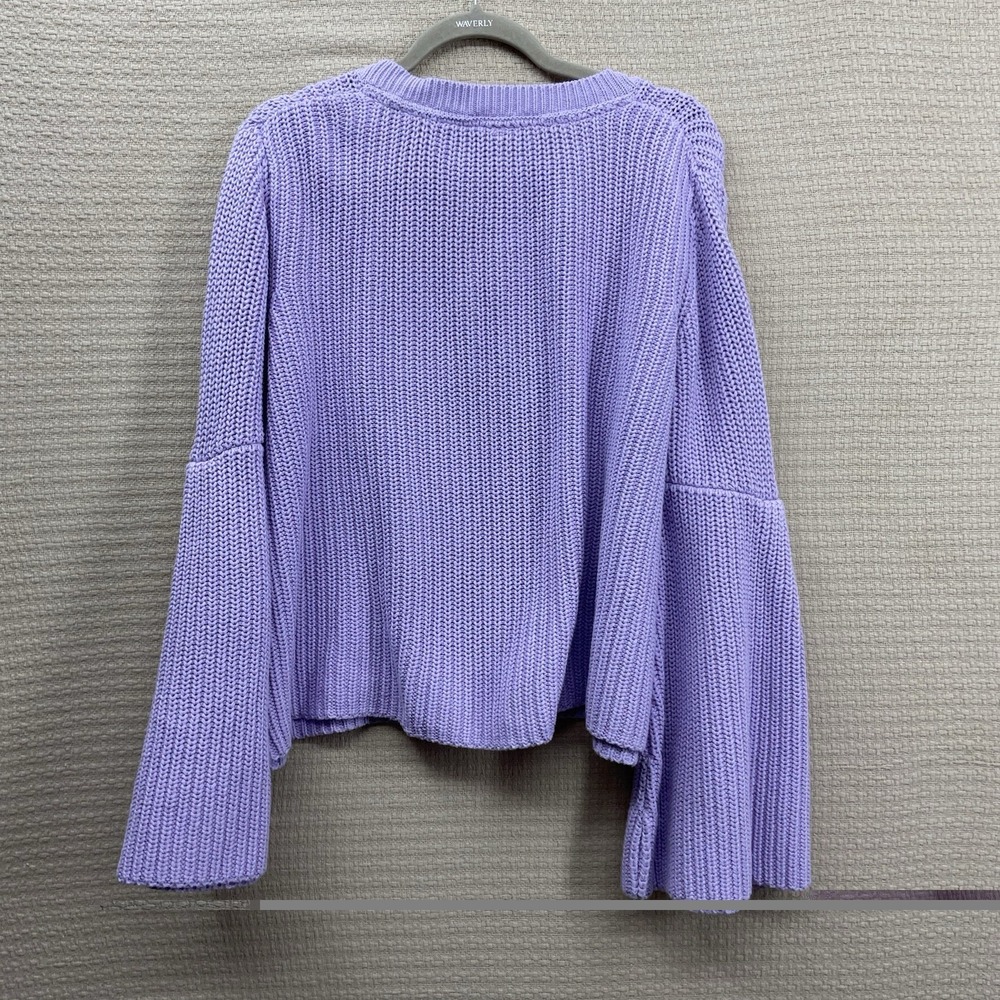 FREE PEOPLE Purple Lilac Women's XL Bell Sleeve Cotton V-neck Sweater NWOT - Picture 9 of 12